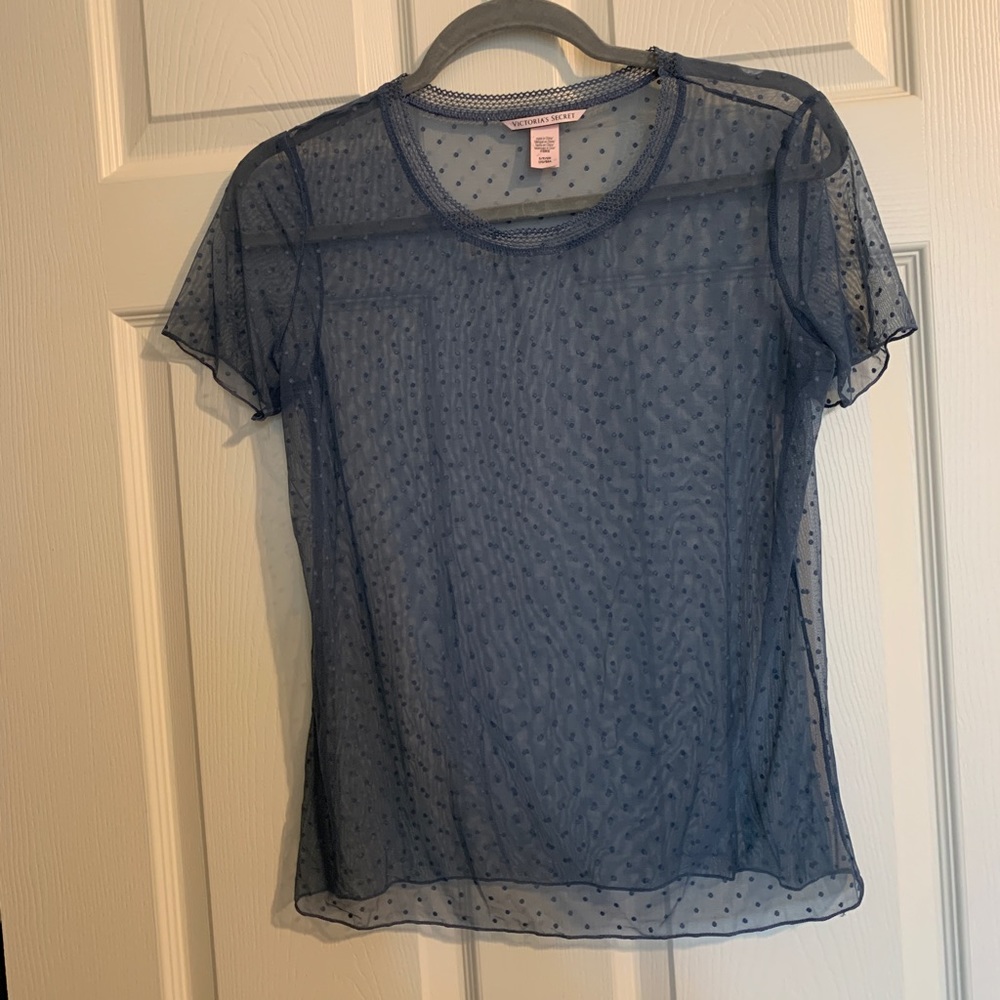 Victoria’s Secret- Blue Sheer T-Shirt with Lace Neck Trim and Polka Dots -Size S
